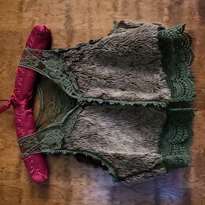 Lace and Faux Fur Women Top - Green and Brown